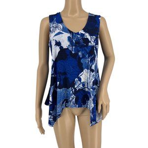 Adrianna Papell top M sleeveless v neck blue white floral asymmetrical hem